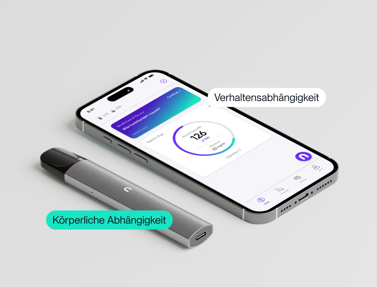 Ein Smartphone zeigt die nuumi App mit einem Fortschrittsdiagramm zur Rauchentwöhnung, die auf die Verhaltensabhängigkeit abzielt. Daneben liegt der Vaporizer, der speziell zur Unterstützung der körperlichen Abhängigkeit entwickelt wurde.